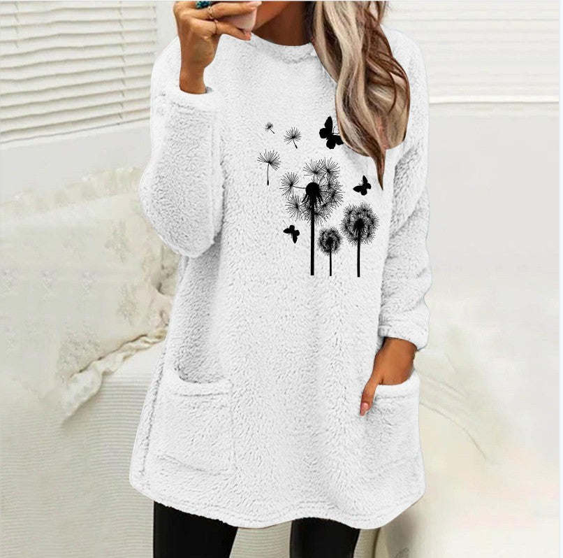 European And American Women's Round Neck Pullover Long Sleeve Pocket Embossed Double-sided Velvet Sweatshirt