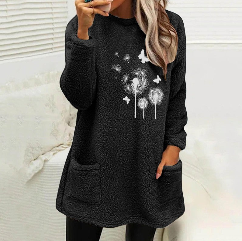 European And American Women's Round Neck Pullover Long Sleeve Pocket Embossed Double-sided Velvet Sweatshirt