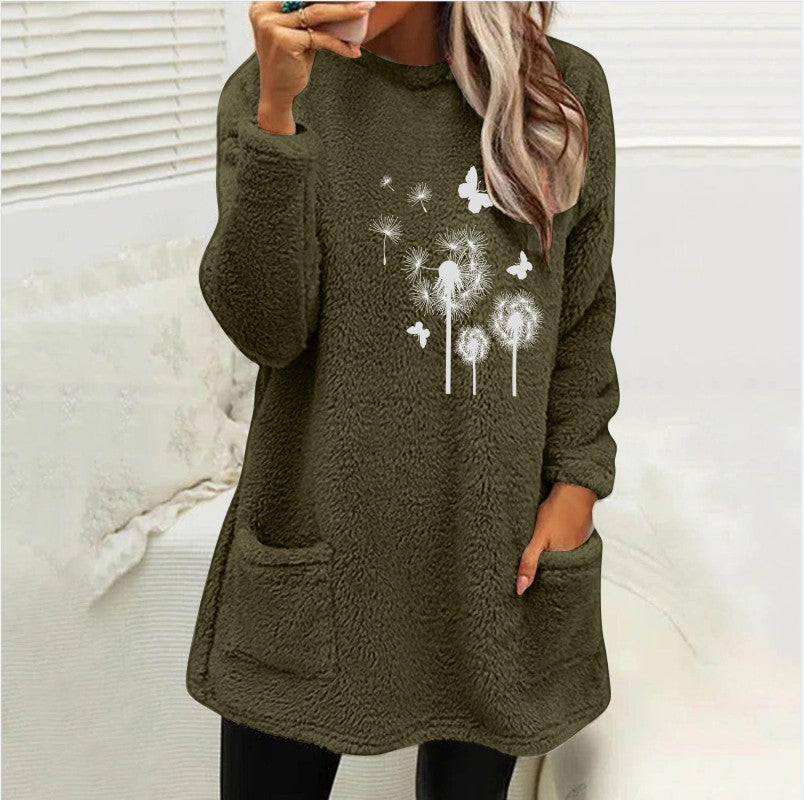 European And American Women's Round Neck Pullover Long Sleeve Pocket Embossed Double-sided Velvet Sweatshirt