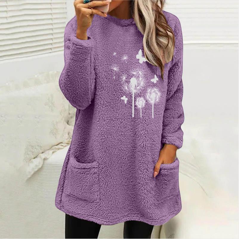 European And American Women's Round Neck Pullover Long Sleeve Pocket Embossed Double-sided Velvet Sweatshirt