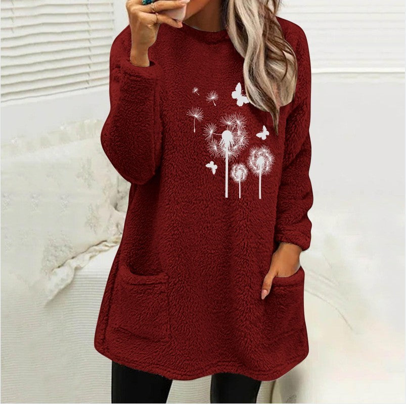 European And American Women's Round Neck Pullover Long Sleeve Pocket Embossed Double-sided Velvet Sweatshirt