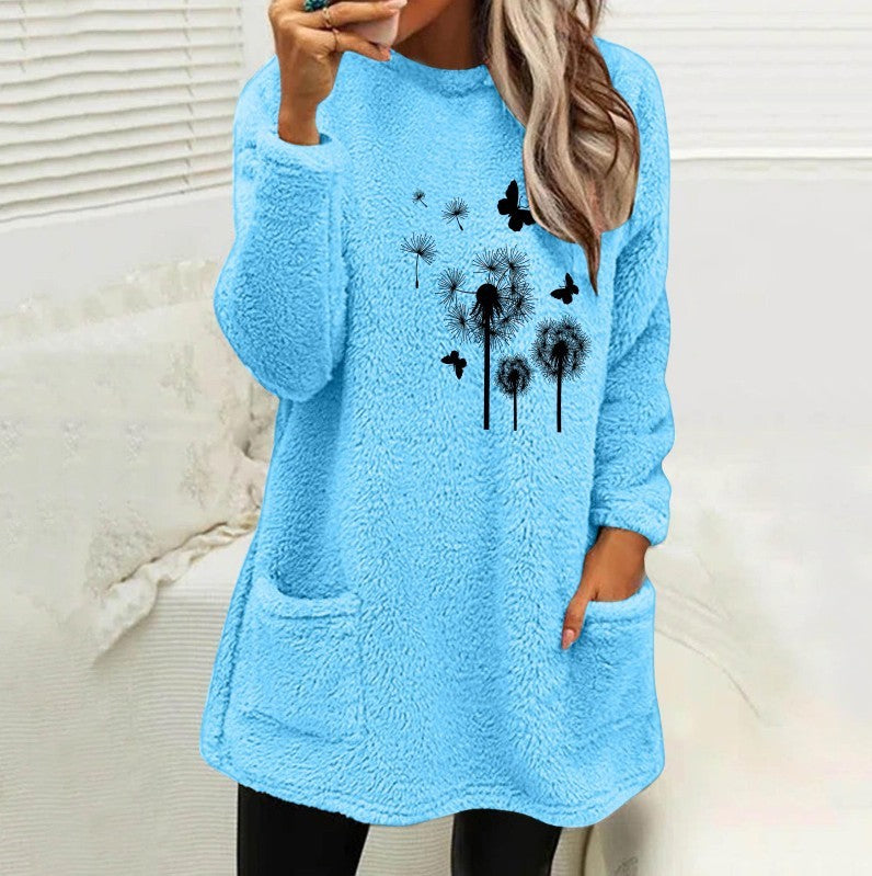 European And American Women's Round Neck Pullover Long Sleeve Pocket Embossed Double-sided Velvet Sweatshirt