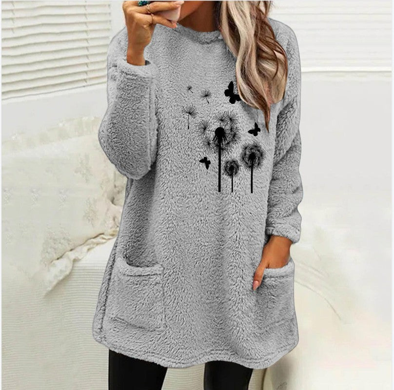 European And American Women's Round Neck Pullover Long Sleeve Pocket Embossed Double-sided Velvet Sweatshirt