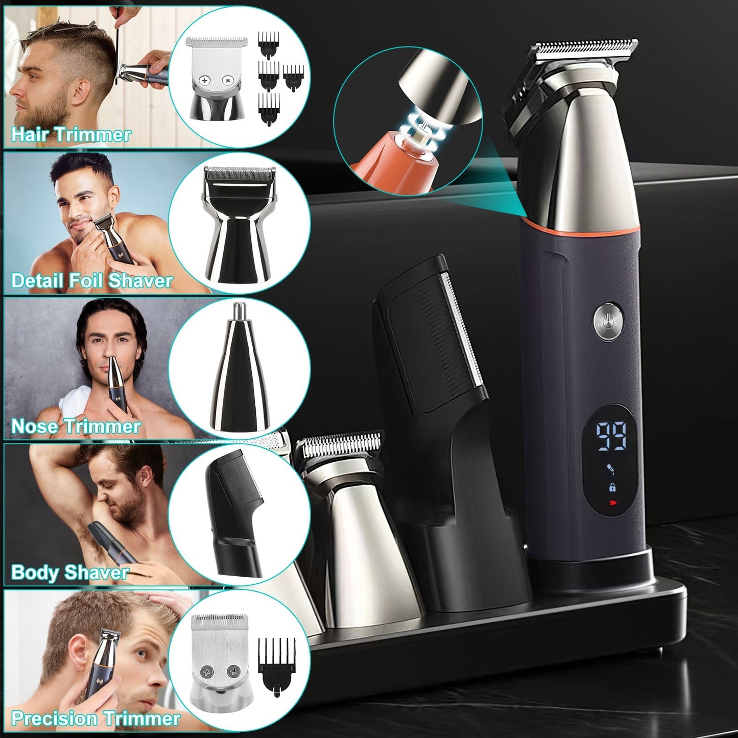1Set All In One Beard Trimmer For Men With 5 Trimmer Heads IPX5 Waterproof Electric Razor For Face Nose Body Beard Cordless Hair Shaver Clipper Grooming Kit For Men Husband Father