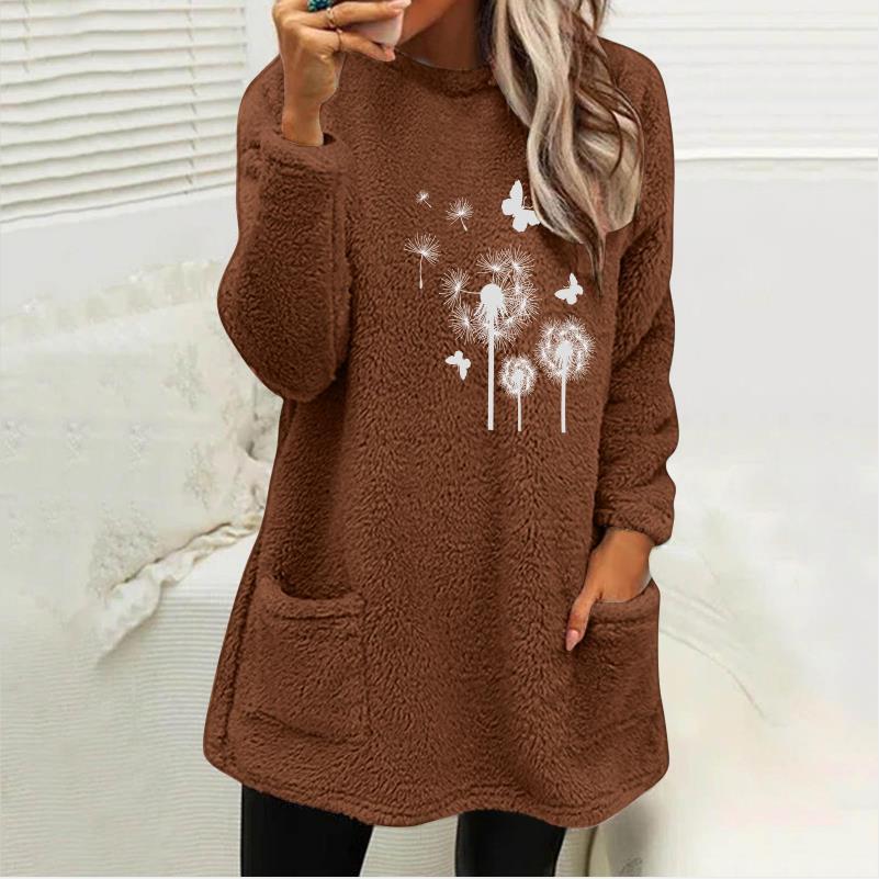 European And American Women's Round Neck Pullover Long Sleeve Pocket Embossed Double-sided Velvet Sweatshirt