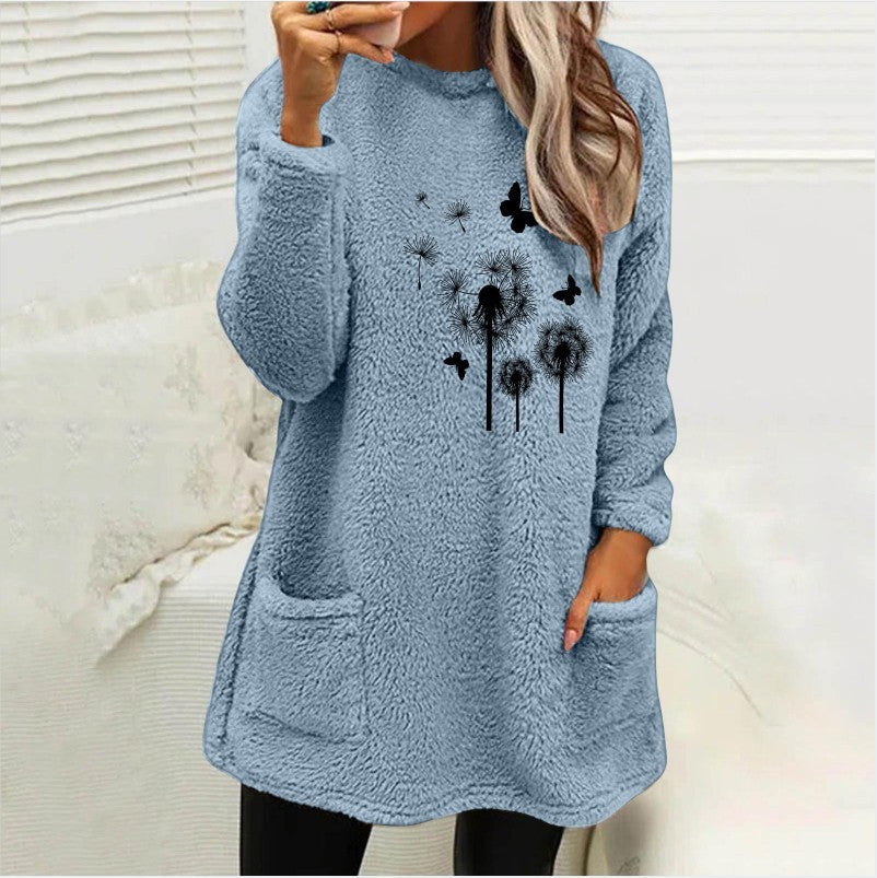 European And American Women's Round Neck Pullover Long Sleeve Pocket Embossed Double-sided Velvet Sweatshirt