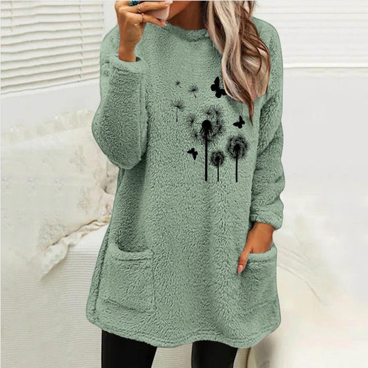European And American Women's Round Neck Pullover Long Sleeve Pocket Embossed Double-sided Velvet Sweatshirt